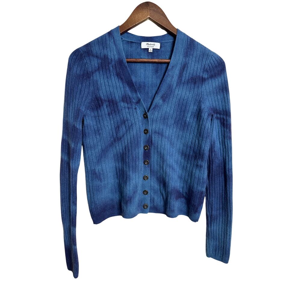 Madewell 100% Cashmere Ribbed Cardigan Sweater Womans M Blue Tie Dye